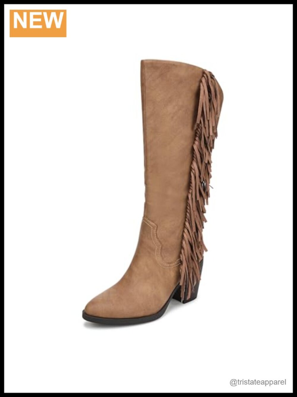 Women's Knee-High Western Boot with Fringe, Faux Leather, Pointed Toe, Block